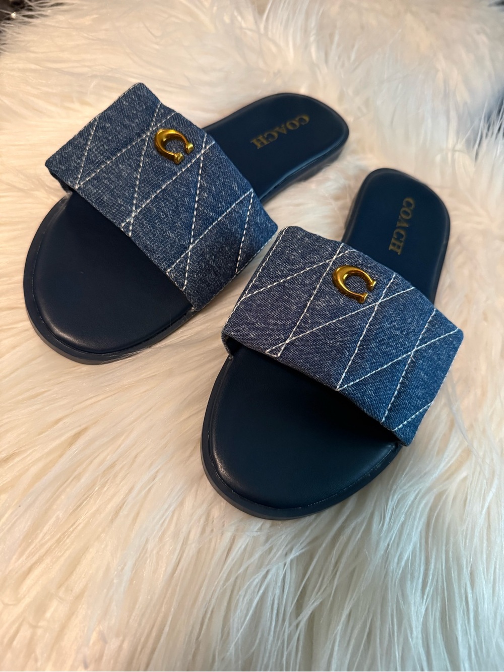 Women’s Navy Quilted Denim Slide Sandals - Picture 3 of 7